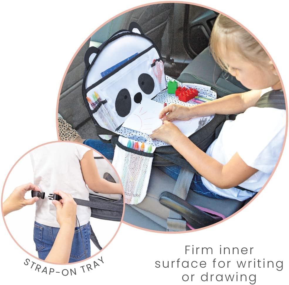 Lulyboo Toddler Car Seat Tray & Backpack - Kids Travel Lap Desk with Writing Surface, Panda Theme, Waterproof Spill-Proof, 8 Pockets, Built-in Tablet Holder, Adjustable Straps for Car & Air Travel