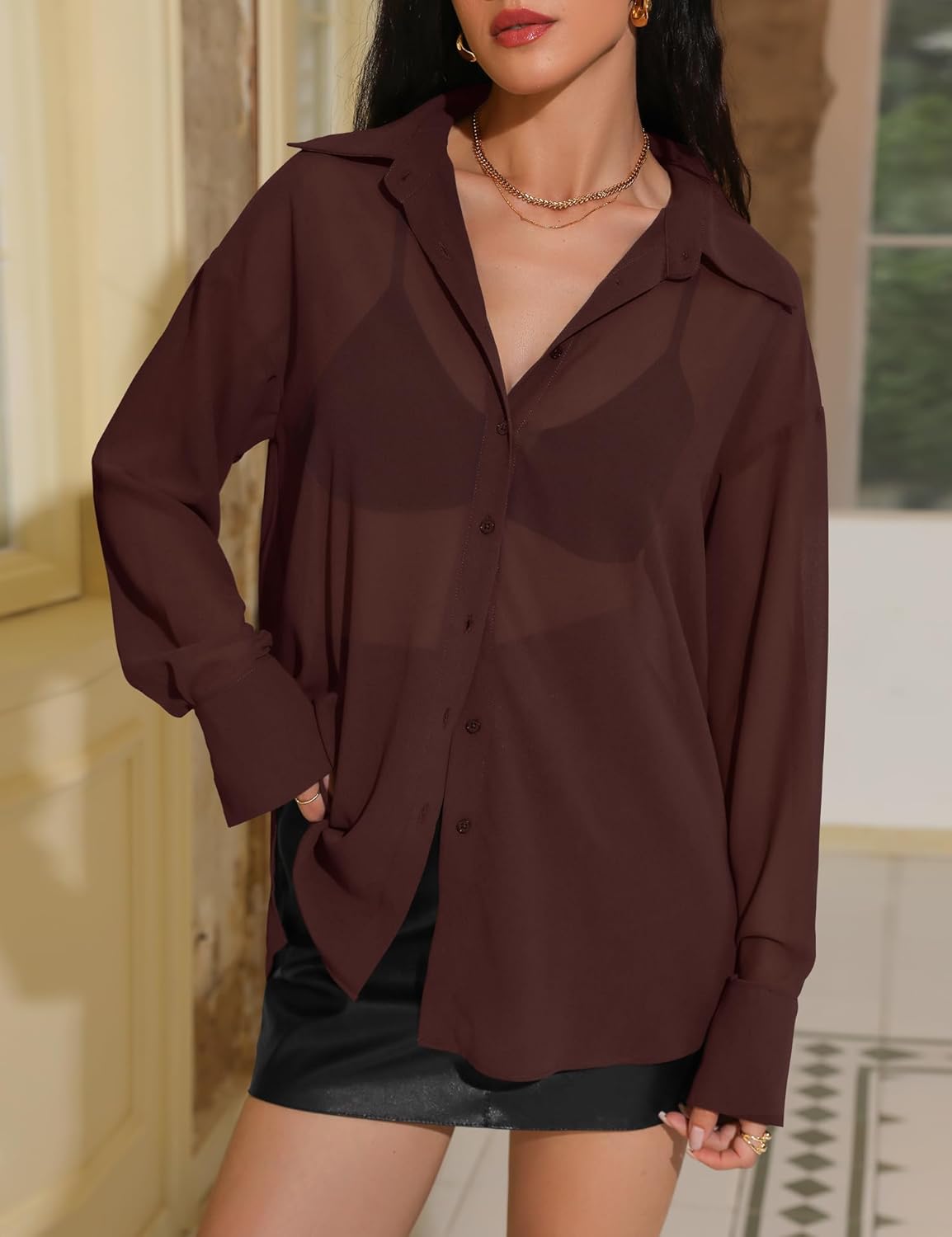 Prettywear Women Sheer Long Sleeve Tops See Through Mesh Oversized Blouses Sexy Trendy Button Down Shirts Tunic - Image 3