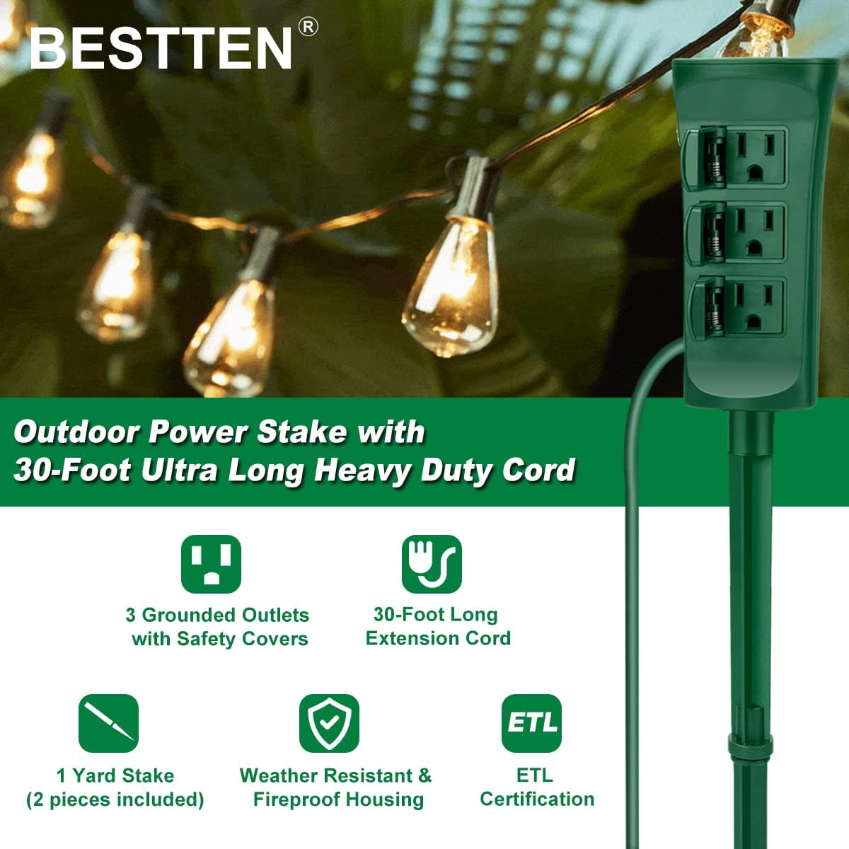 Size 30ft BESTTEN Outdoor Power Stake with 30ft Ultra Long Extension Cord, 3-Outlet Power Strip with Weatherproof Protective Covers, ETL Listed, Green