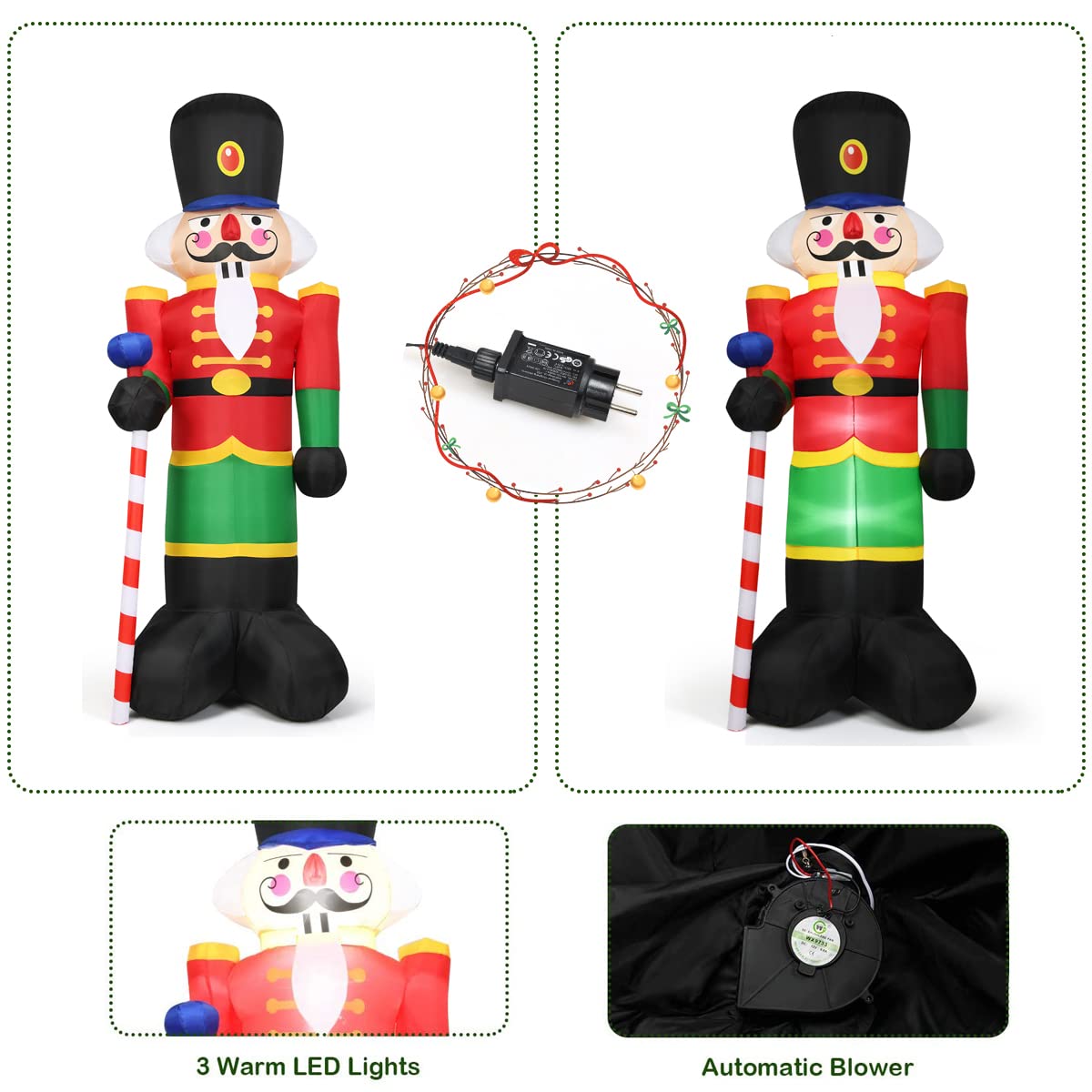 RELAX4LIFE 2,4 m Aufblasbarer Nussknacker Soldat, Luftgeblasener Weihnachtsmann Soldat mit Gebläse & Sandsäcke, Weihnachtsdekoration mit 3 LED-Leuchten, für Garten & Zuhause & Kaufhaus, aus Polyester
