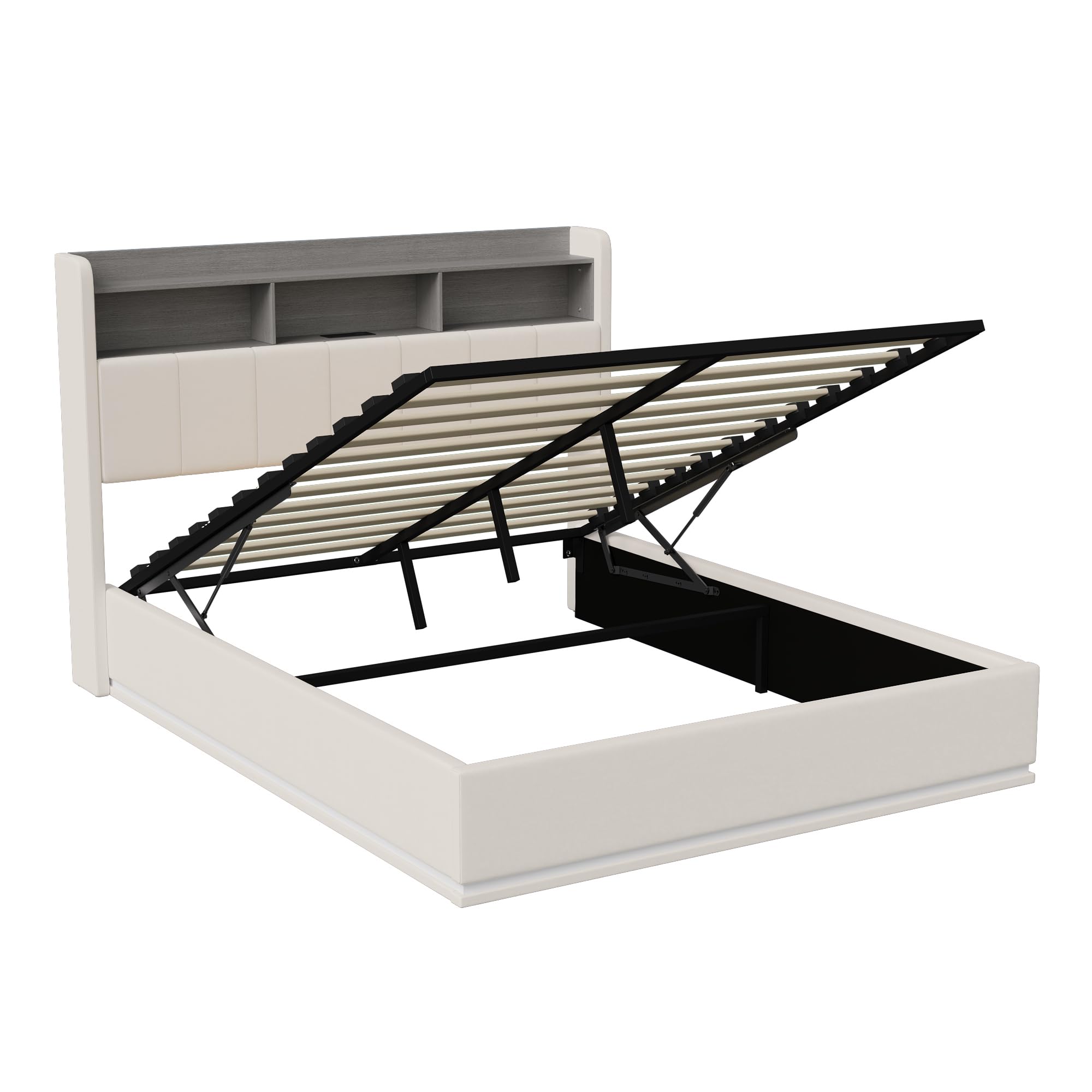 Letto contenitore imbottito 160x200 con LED e USB,Letto matrimoniale con idraulica contenitore,Lettos a pavimento imbottito con doghe,Testiera con vano portaoggetti, Bianco (160 x 200 cm)