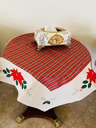 AMT - Mantel de lino bordado de Navidad con diseño elegante (36 x 36 pies cuadrados/redondo)