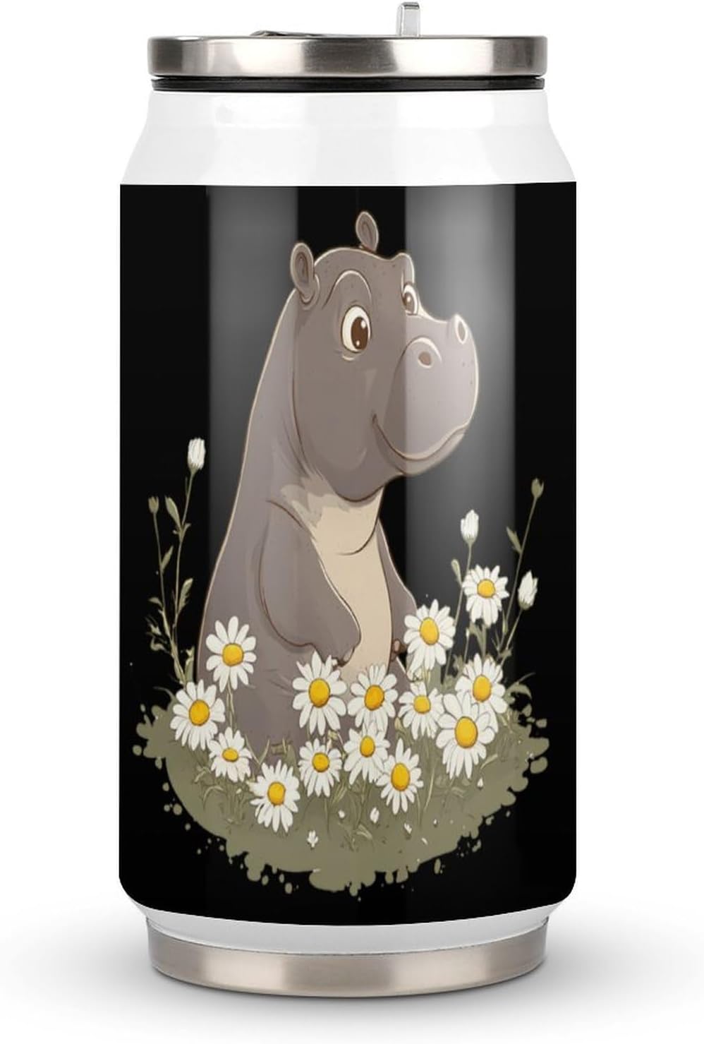 Hippo With Daisies Portable Cola Can Shaped Insulated Tumbler with Sippy Cup Lid for Hard Seltzer Beer Drinks