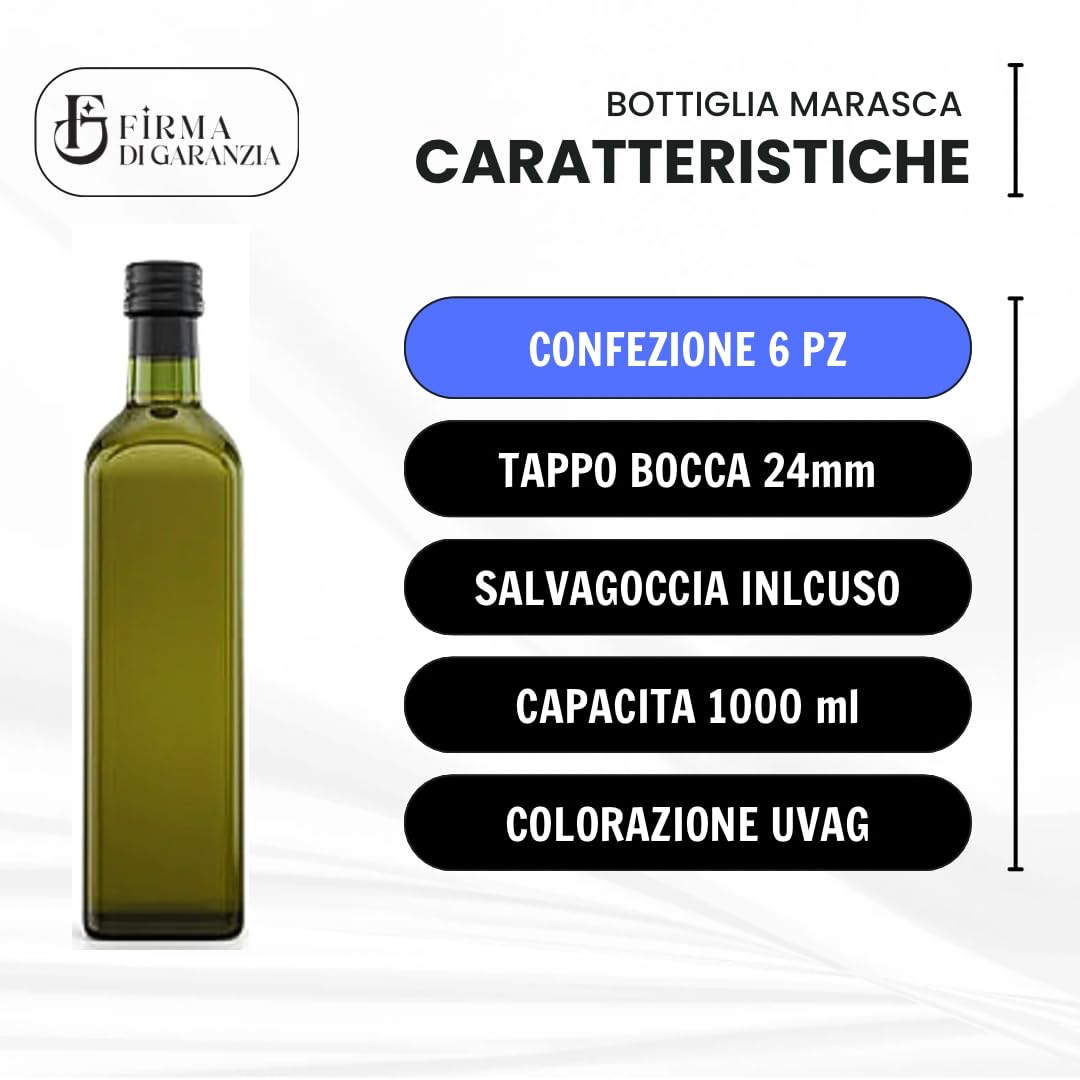 6 Bottiglie Per Olio E Liquore 1000 ml con imbuto travaso- Marasca Quadre Vuote In Vetro Scuro Uvag con Dosatore Olio Salvagoccia e Tappo Ermetico - Made In Italy - Uso professionale e domestico