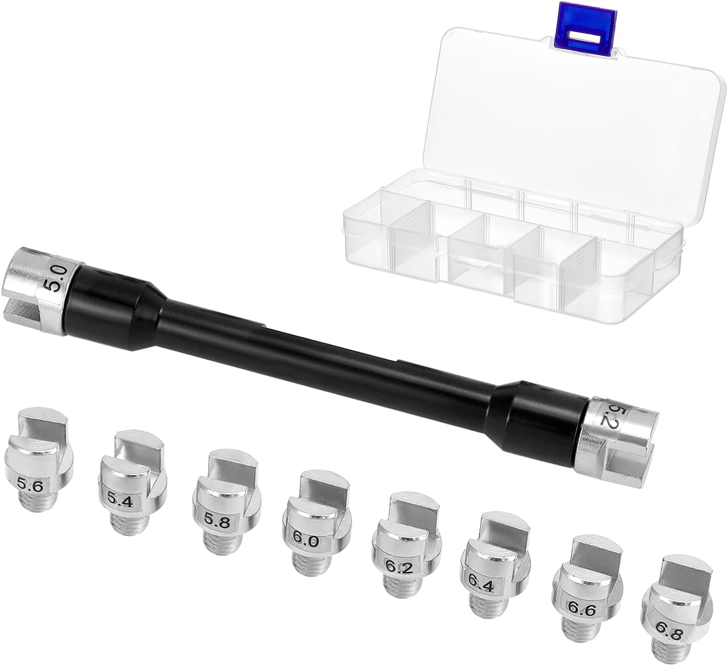 QWORK Motorcycle Spoke Wrench Set, 10 Interchangeable Sizes (5.0-6.8mm), Precision Aluminum-Iron Dirt Bike Wheel Spoke Wrench, Ideal for Most Motorbike Models