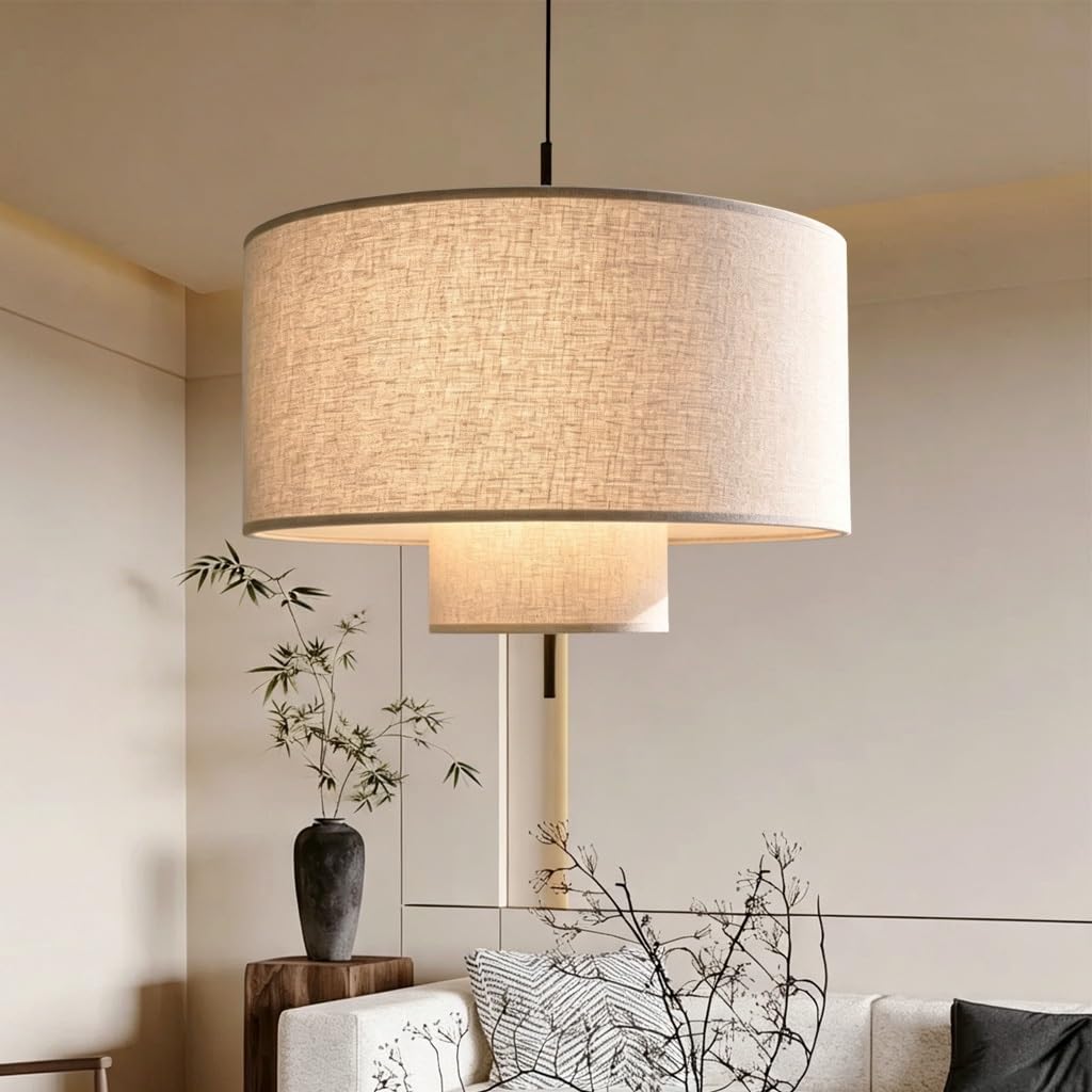 JOJOM Vintage Japanese Minimalist Double Layer Linen Pendant Light Cylinder Fabric LED Hanging Lamp with Adjustable for Dining Room Living Room Kitchen Bedroom Home Interior Decoration(A50)