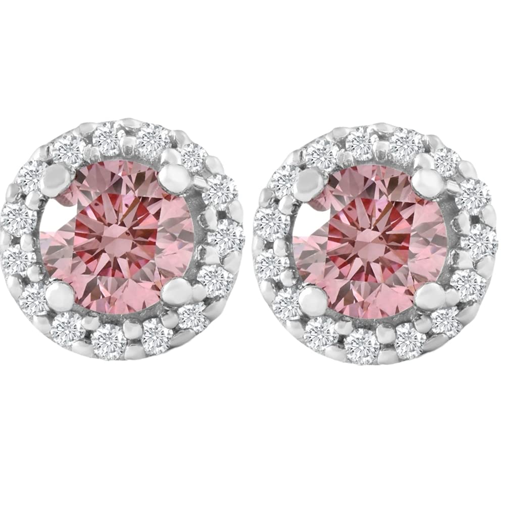 Pompeii 1/2 Ct Halo Pink Diamond Lab Grown Diamond Studs White Gold Screw Back Earrings (Pink,SI(1)-SI(2))