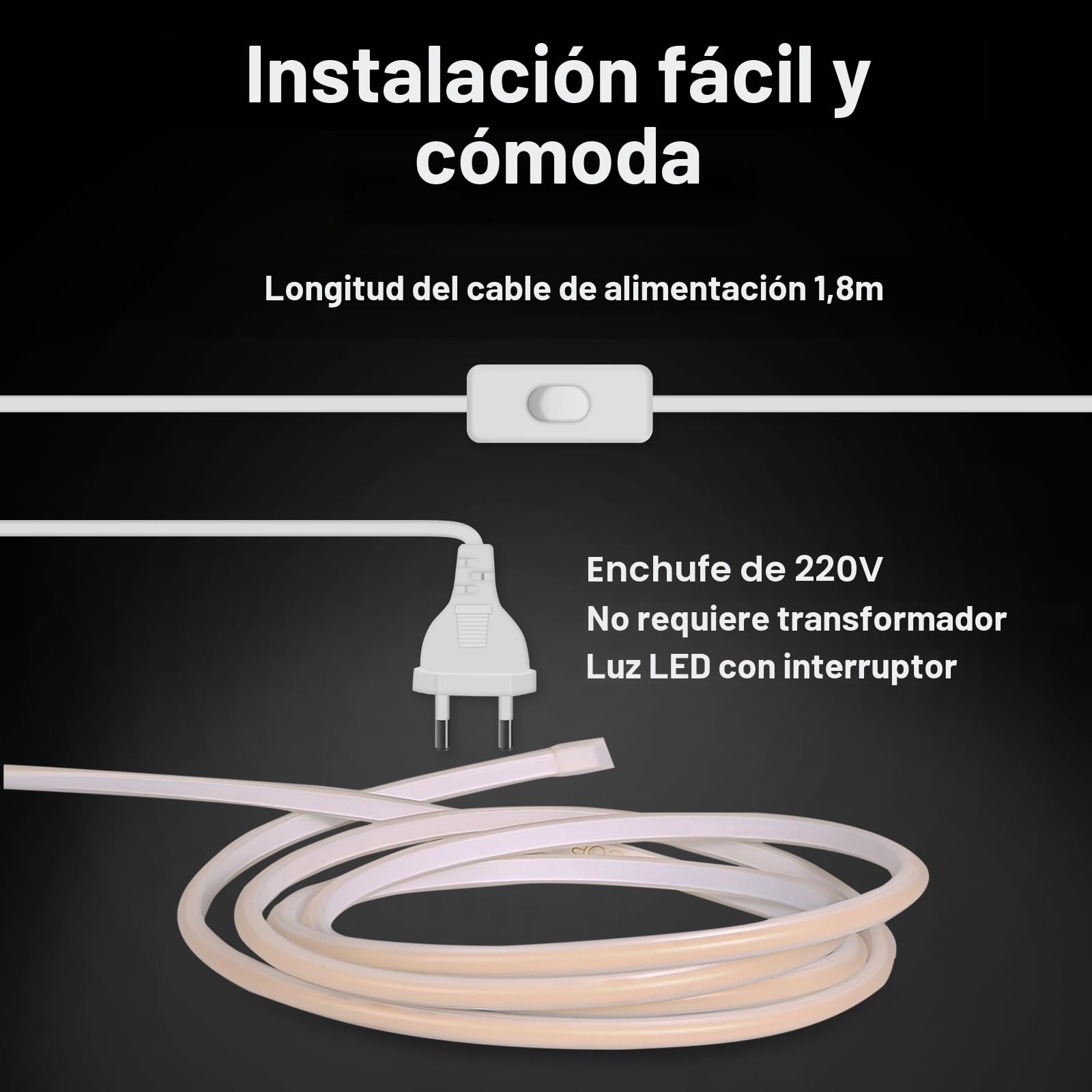 pcning Tira LED Impermeable Directa 220V 5M Blanco Calido 3000 K, Tiras led con Enchufe e Interruptor 5 Metros IP67 Waterproof (Blanco Calido, 5M)