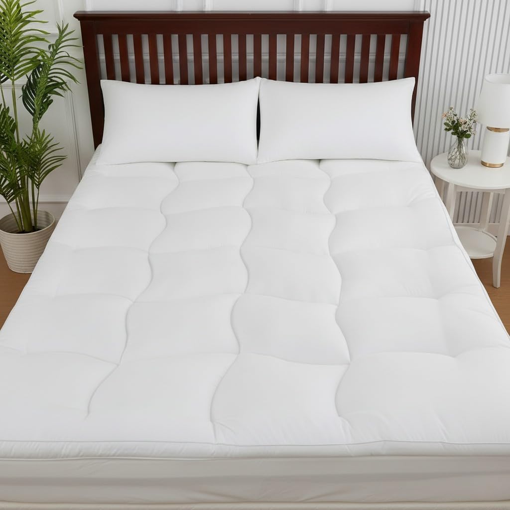ELITLUX 10cm Hotel Quality Quilted Microfiber Mattress Topper Double bed – Luxury Comfort, Hypoallergenic, Breathable & Extra Deep 1200GSM Mattress Topper With Easy Fit Straps (137x190cm)