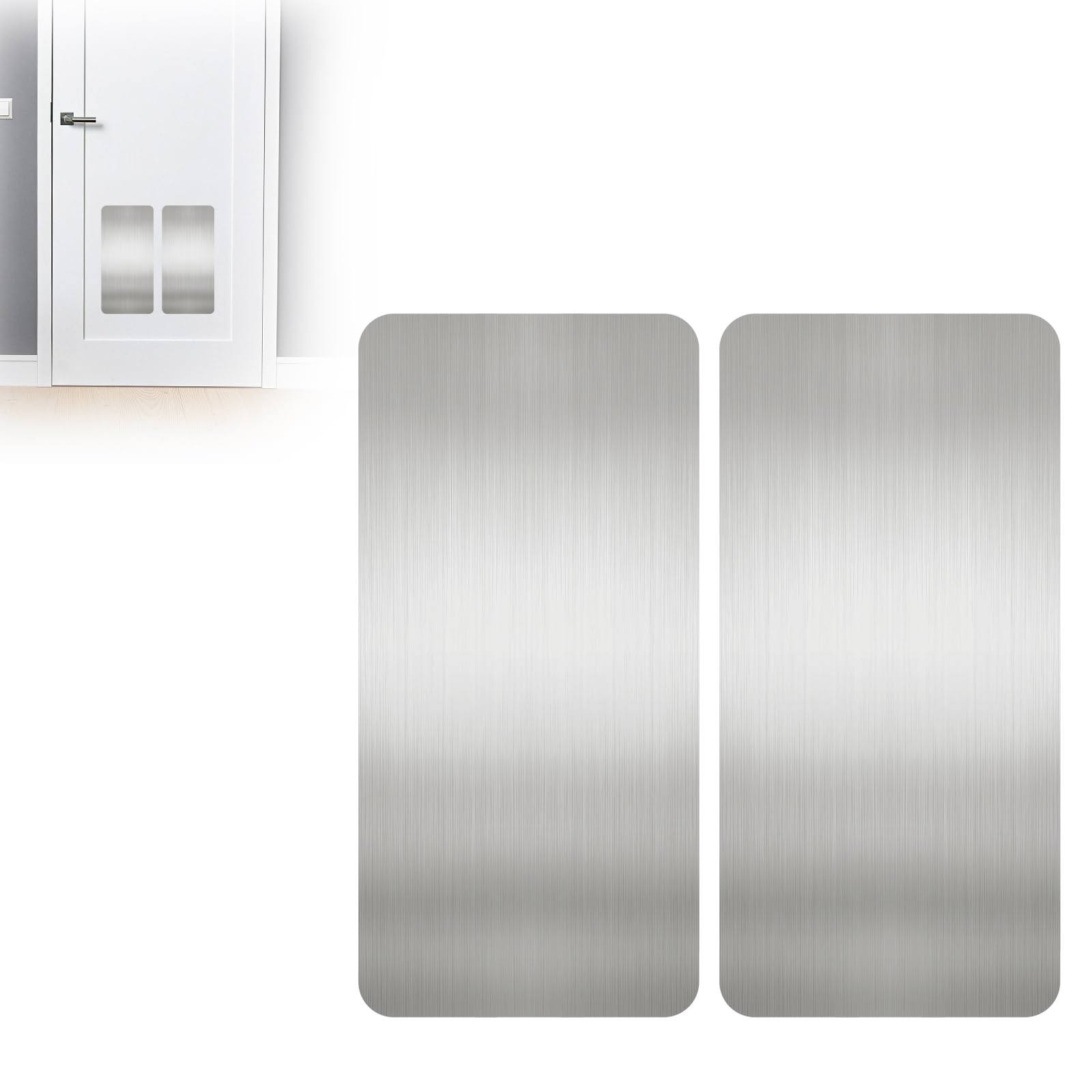 Dog Scratch Door Protector for Cats & Dogs - Stainless Steel Anti-Scratch Guard & Kick Plate, Self-Adhesive (No Drill) Fits Interior/Exterior Doors 30-36" (2 Pcs, Brushed Silver, 8" x 16")