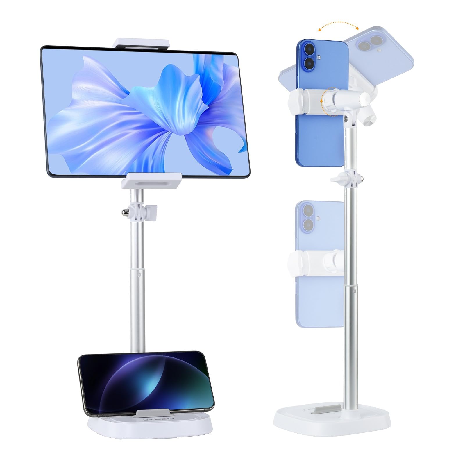UTEBIT スマホスタンド 卓上 高さ調整 30-45cm 携帯スタンド iphoneスタンド スマホ&ipadホルダー2種類入り タブレットホルダー 自由回転可能 横/縦置き 携帯 タブレット両用 安定感 電話ホルダー 昇降式 滑り止め 角度調整 俯瞰撮影 片手操作 撮影/動画配信/映画鑑賞 白
