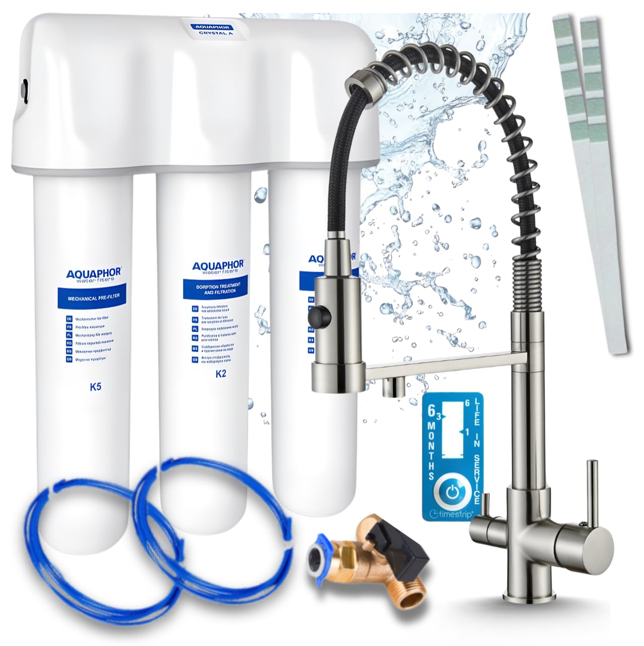 Ari 3-Wege Küchenarmatur mit Ausziehbarer Brause Schwenkbar Edelstahl Hoher Auslauf Solid Spring im Set mit Untertisch Wasserfilter Trinkwasser System Crystal A