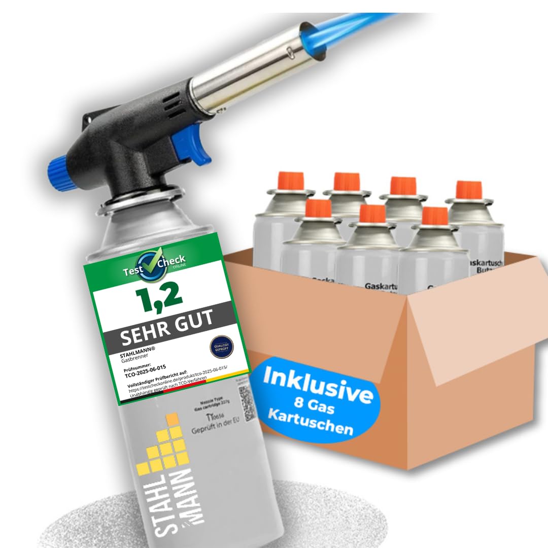 STAHLMANN ® Gasbrenner mit Kartusche 8x227g – Schweißbrenner max. 1300°C Temperatur – Lötlampe mit Piezozündung – Bunsenbrenner Küche -Küchenbrenner (8x Gaskartuschen)