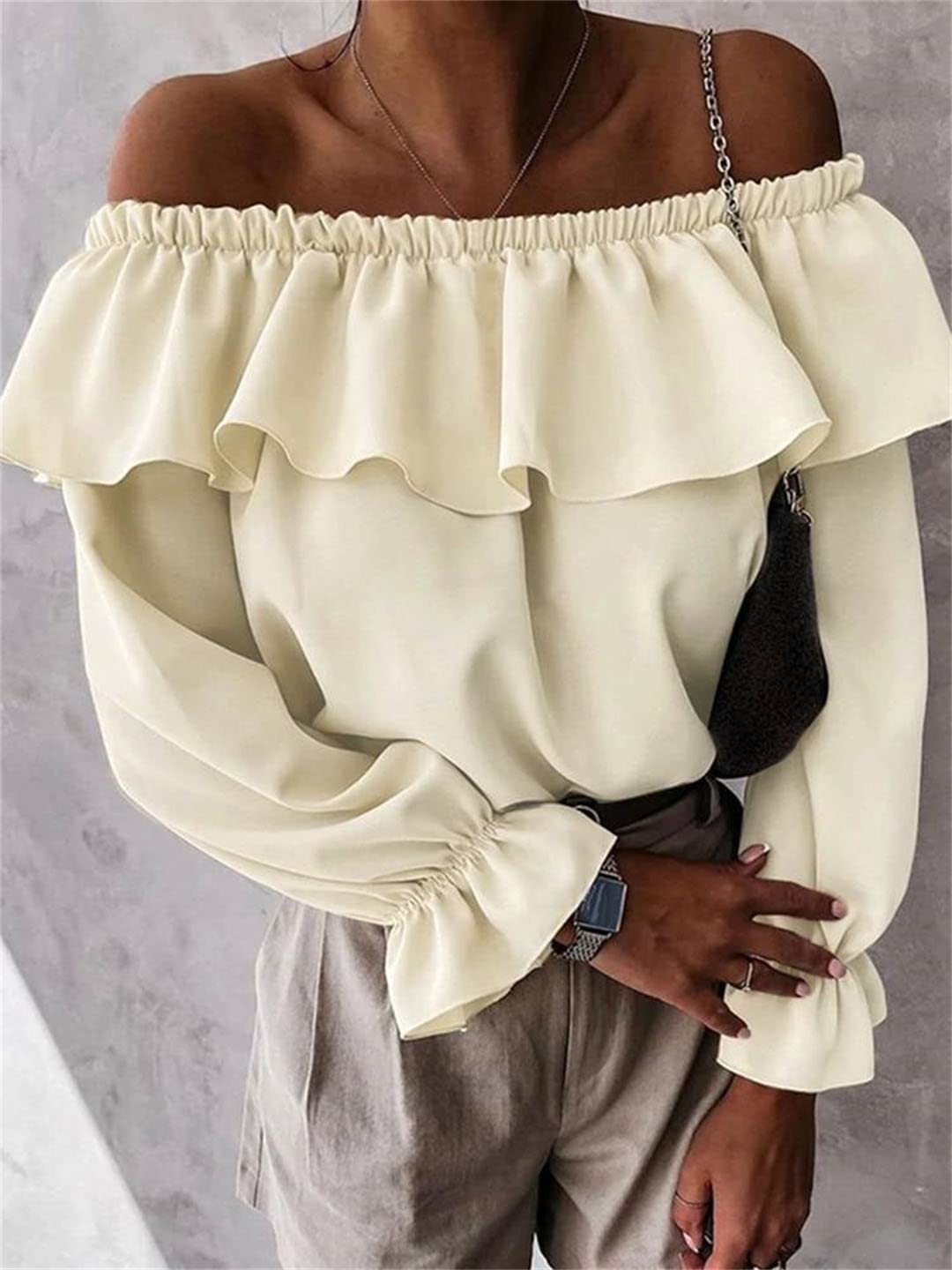 Générique Femmes Sexy Hors épaule Blouses été Flare à Manches Longues Couleur Unie Tunique Hauts Dames Hauts à Volants