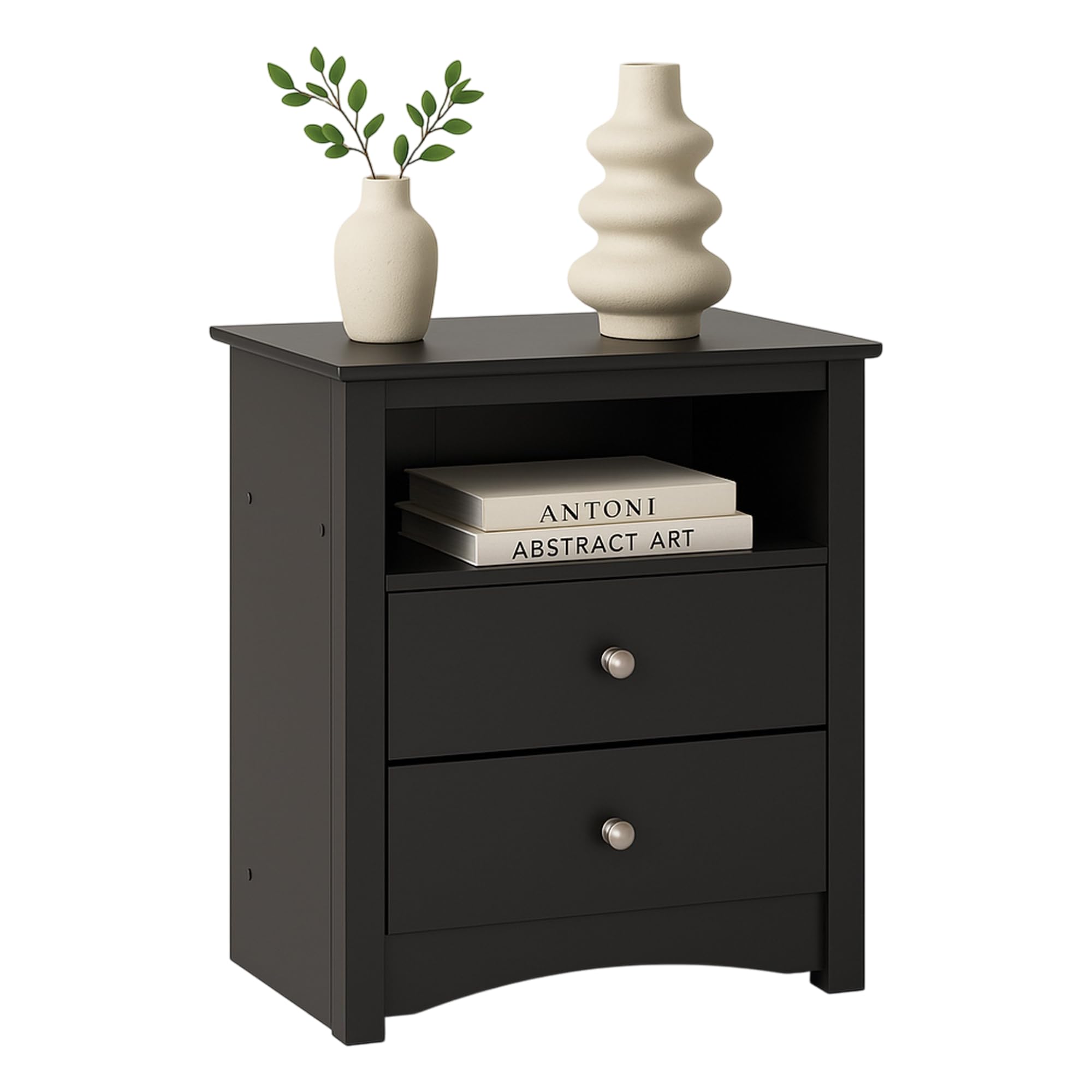 Prepac Sonoma 2 Drawer Nightstand: Elegant Bedroom Furniture, Bedside Table with Open Shelf, 23.25"W x 16"D x 28"H, Black