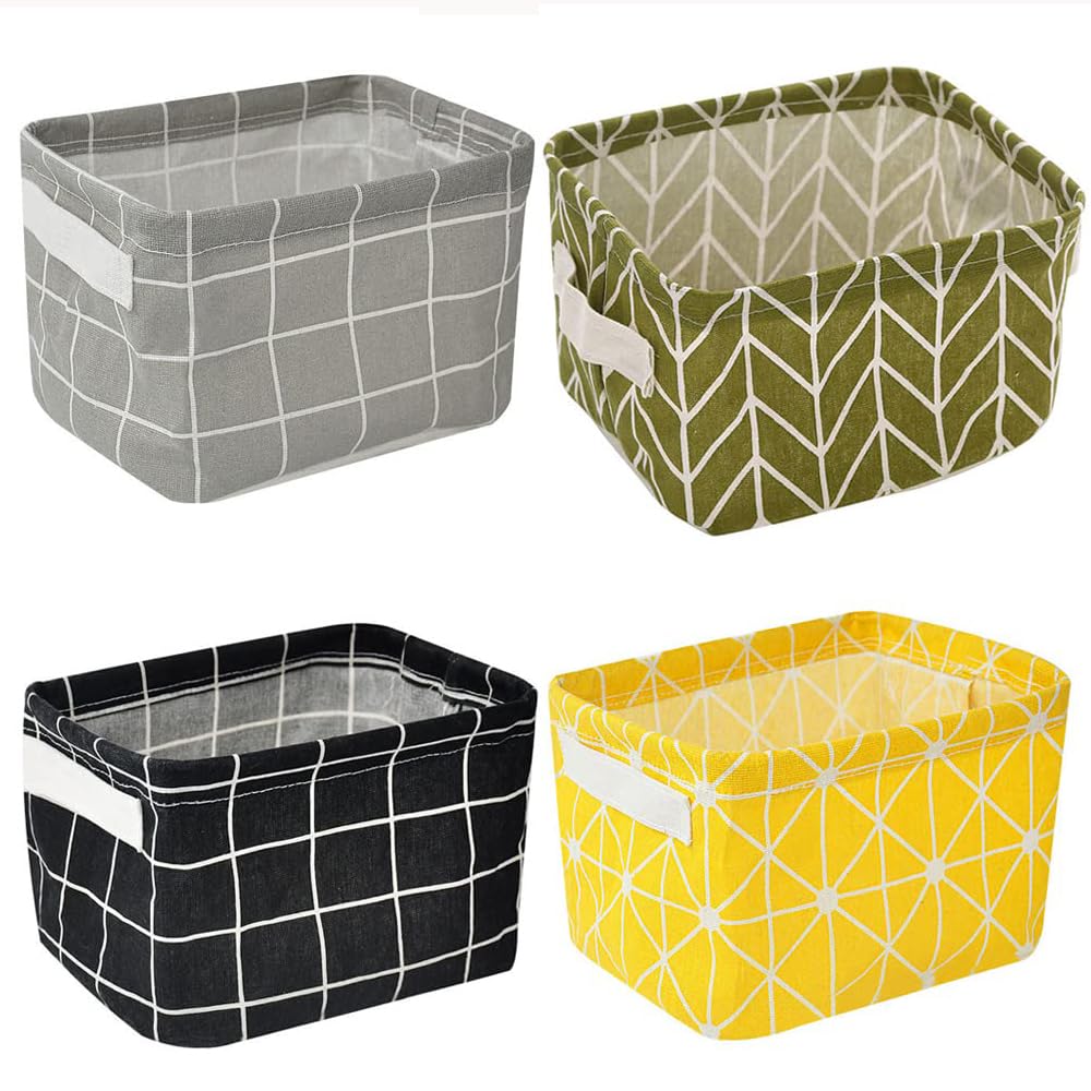 Storage Baskets,4 PCS Fabric Storage Baskets Mini Square Cotton Linen Organizer Box with Handles Foldable Waterproof Small Baskets for Desktop Storage and Household Organizer