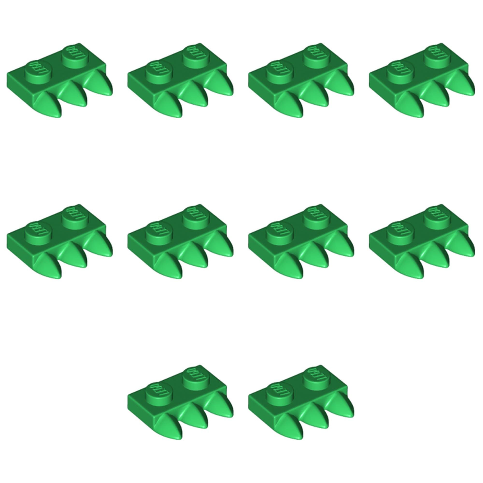 LEGO Modified Plate, 1 x 2 with 3 Teeth, Part 15208 (Green, 10, Bricks)