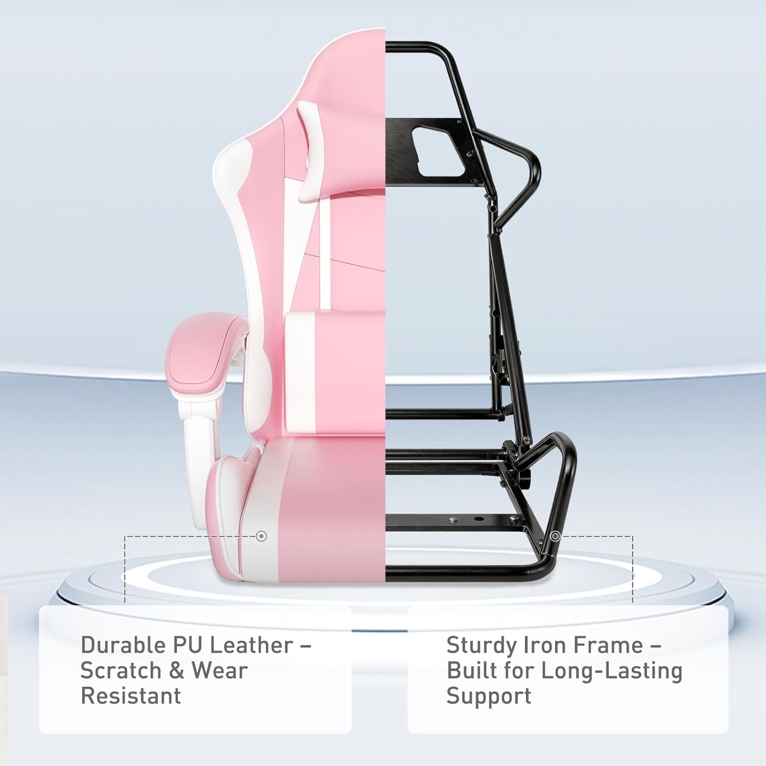 MoNiBloom Pink Gaming Chair with Headrest & Lumbar Support, Ergonomic Computer Desk Chair with Footrest, Adjustable Height Leather Racing Chair for Adults Teens Women Girl Gamer Office