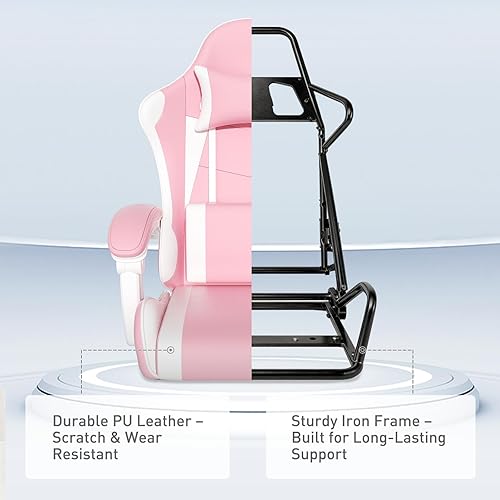 Miniatura 9 de MoNiBloom Silla de juegos con reposacabezas y soporte lumbar, silla ergonómica de carreras para computadora con reposapiés, silla giratoria de cuero