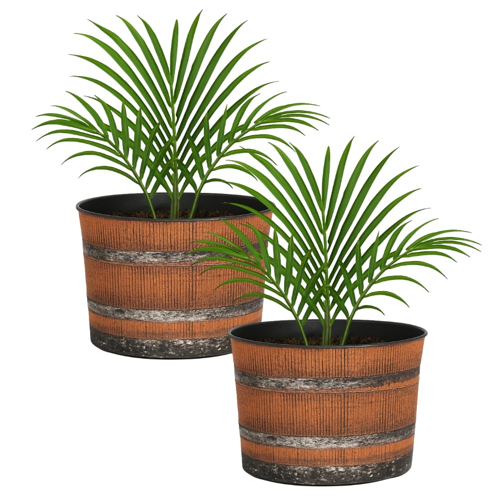 Fyne-Finds Brown Set Of 2 Plastic Whiskey Barrel Planter 32Cm, 13Inch 13L Outdoor Garden Decor Weatherproof Plant Pot