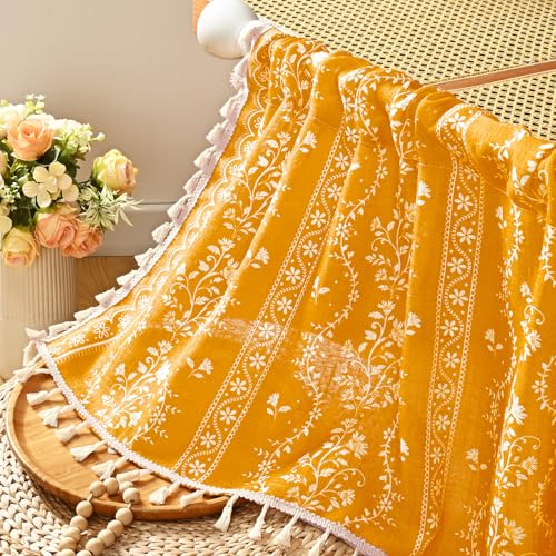 Image of Yinhua Boho Valance Curtains Vintage Linen Yellow Kitchen Valances for Windows Light Filtering Bohemian Floral Valance Rod Pocket Farmhouse Tassel Window Valances for Bathroom Cafe, 52 inch W X 18 inch L