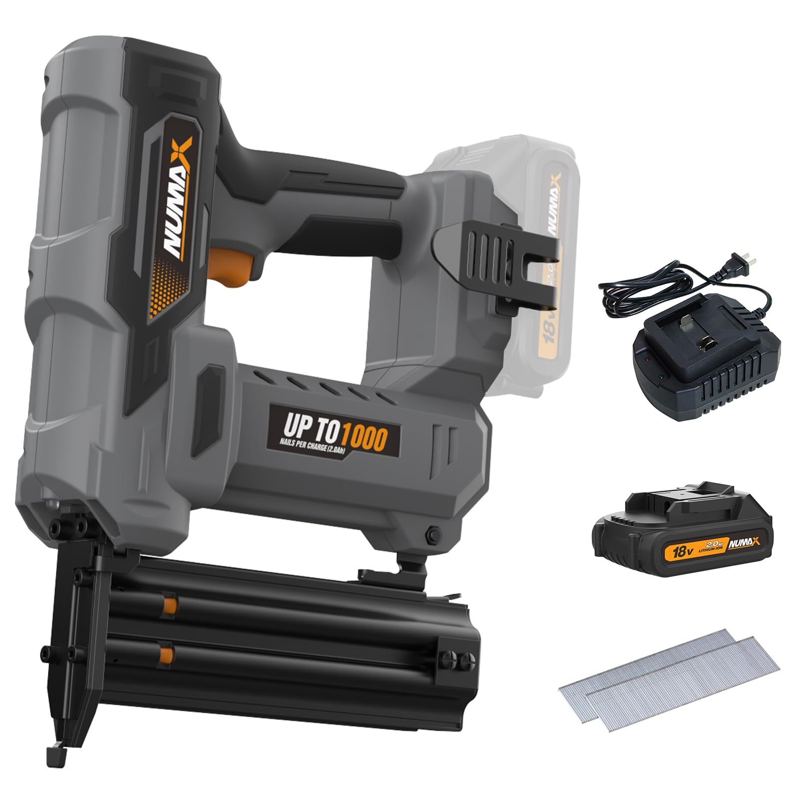 NuMax 18V Cordless Brad Nailer,18 Gauge Brad Nail Gun with Battery, Charger & 500 Nails | Drives 1000 Shots Per Charge | Compatible with 3/8"–2" Brad Nails | S18VBR50