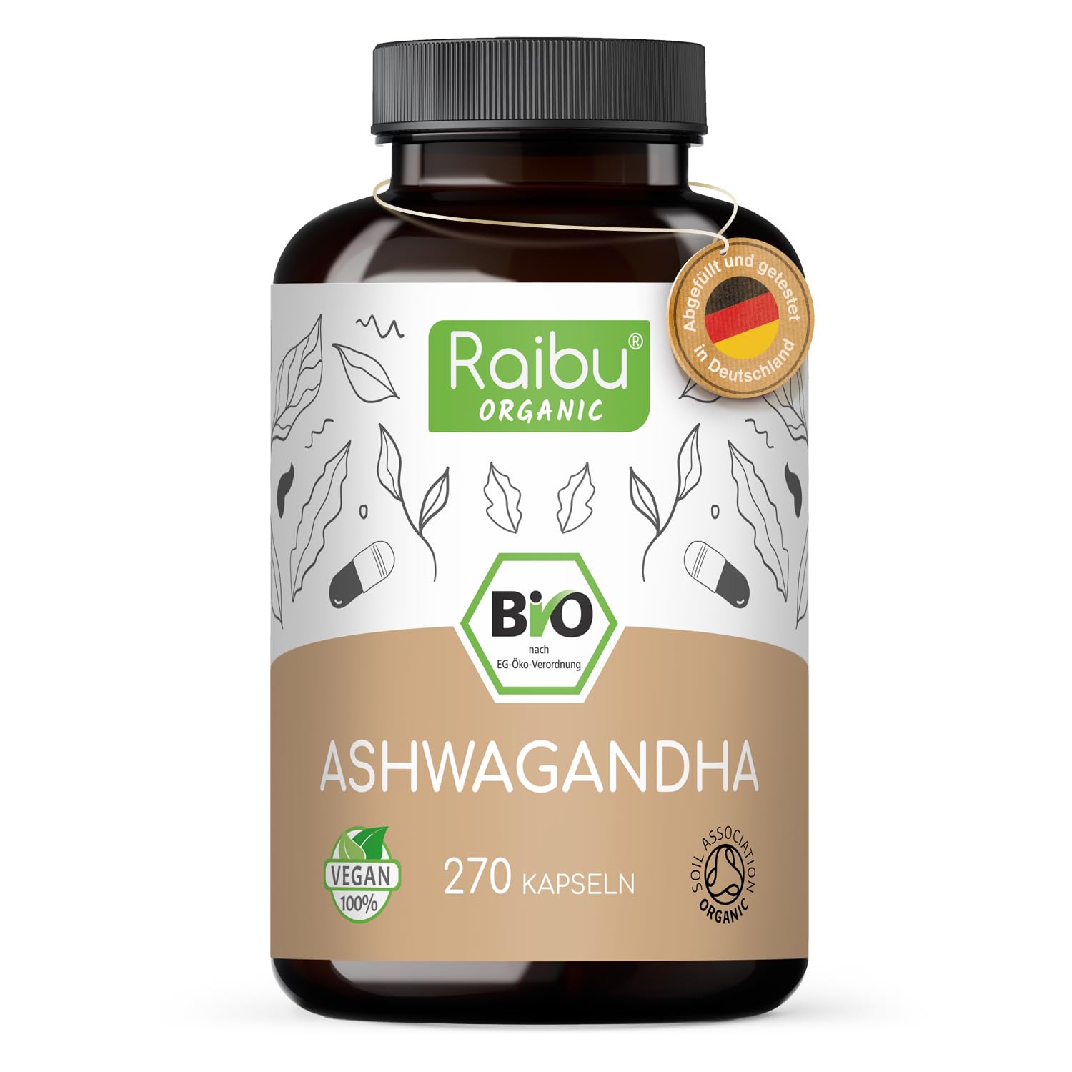 Ashwagandha Kapseln BIO Hochdosiert, 270 Kapseln mit 2400mg pro Tagedosis I Ashwagandha Wurzel Pulver in hoher Bio Qualität, ohne Zusätze aus deutscher Produktion I Raibu