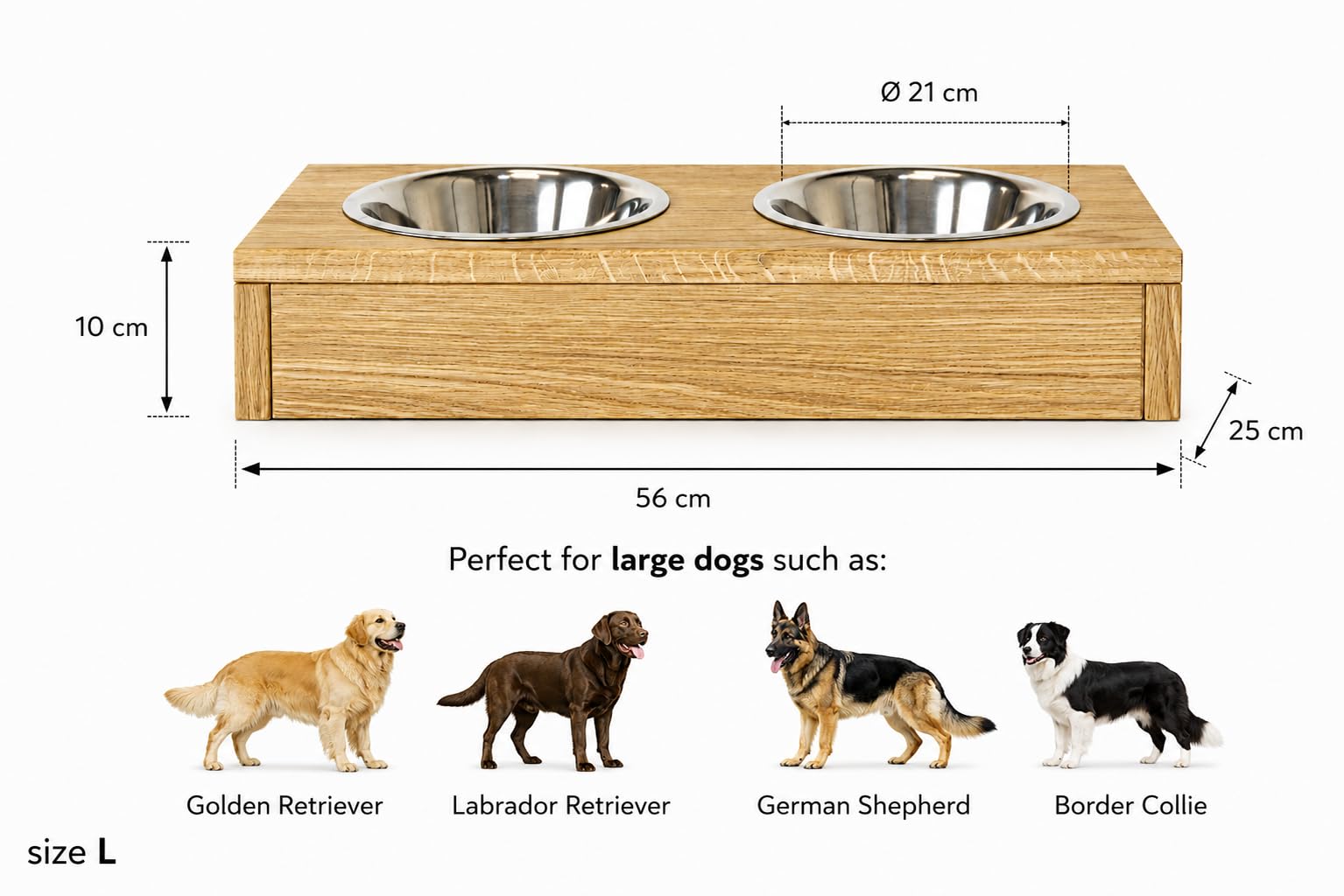 Comedero para perro montado en la pared de madera maciza de roble – Comedero colgante para perros con 2 cuencos de acero inoxidable de 2 × 1,5 L, comedero elevado para perros grandes