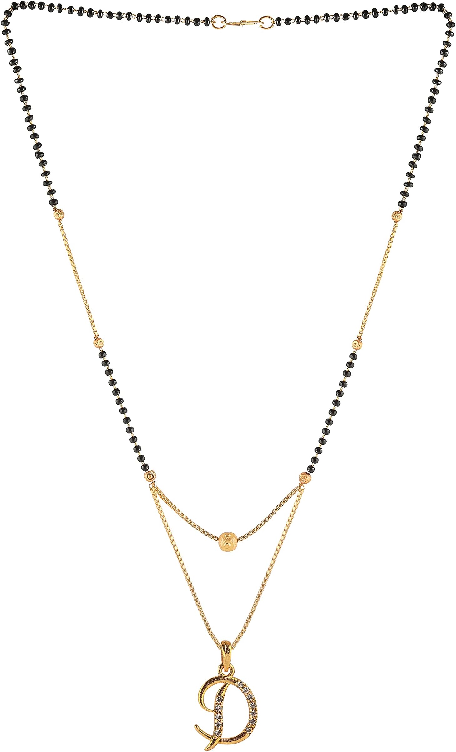 Brado JewelleryExclusive Micro Gold Plated White American Diamond D Word Mangalsutra Tanmaniya Nallapusalu Necklace Pendant Black Bead Golden Chain For Women and Girls (D Word)