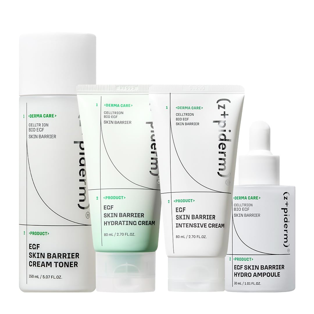 Zipiderm EGF Skin Barrier Complete Moisture Set – Toner + Hydro Ampoule + Hydrating Gel Cream + Intensive Cream, Korean 4-Step Hydration Layering & Barrier Care for Sensitive & Dry Skin