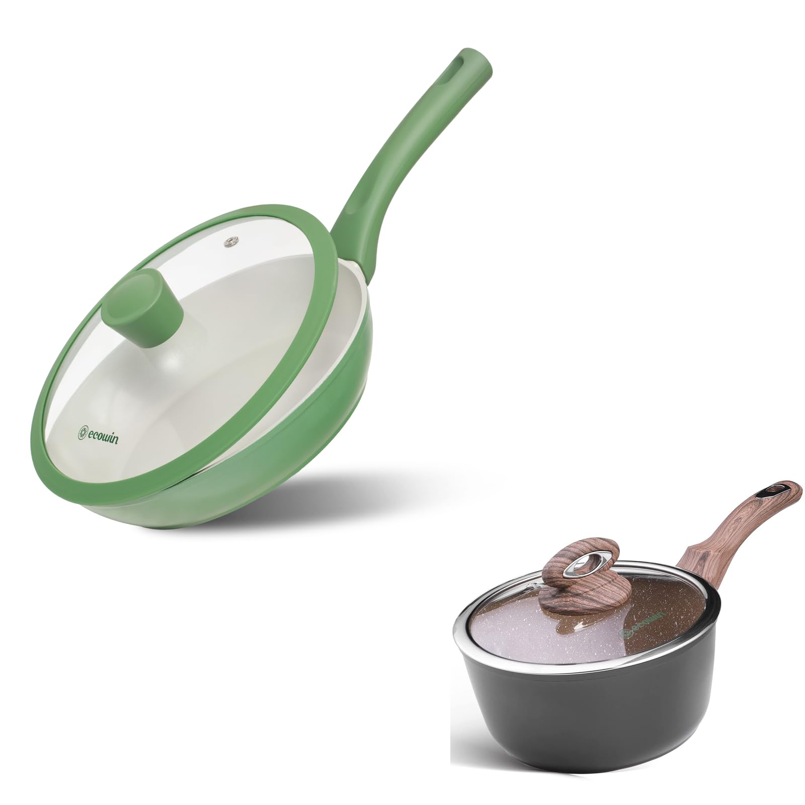 Ecowin8'' Ceramic Frying Pan with Lid Bundle with 1.5 QT Saucepan with Lid, Nonstick Coating Egg Pan and Milk Pot, Easy to Clean, Induction Compatible, Suitable for Kinds of Stoves