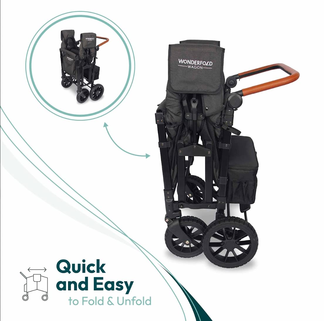 WONDERFOLD W4 Luxe Quad Stroller Wagon Featuring 4 High Face-to-Face Seats with Magnetic Buckle 5-Point Harnesses and Adjustable/Removable UV-Protection Canopy, Black