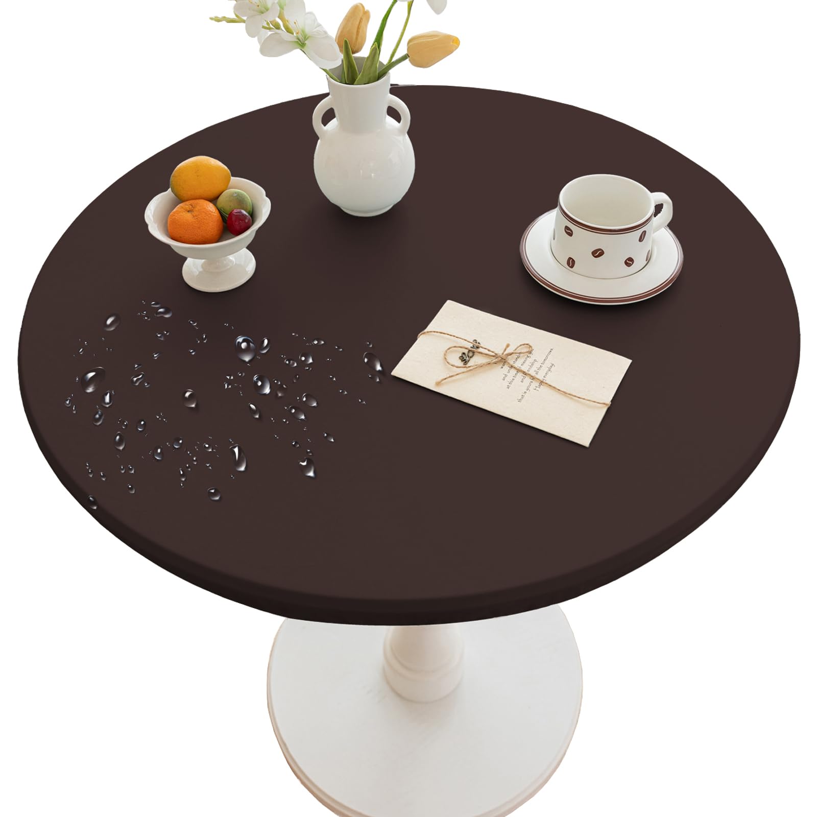 Thdsubb Round Tablecloth Leather Waterproof Tablecover Elastic Edged Fitted Table Protector Cover Wipeable for Home Picnic Party (Coffee,110cm)