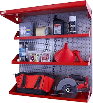 OmniWall Metal Pegboard Shelving Organization System Shelving Kit 32" x 32" Modular Pegboard- Panel Color Silver Accessory Color Red