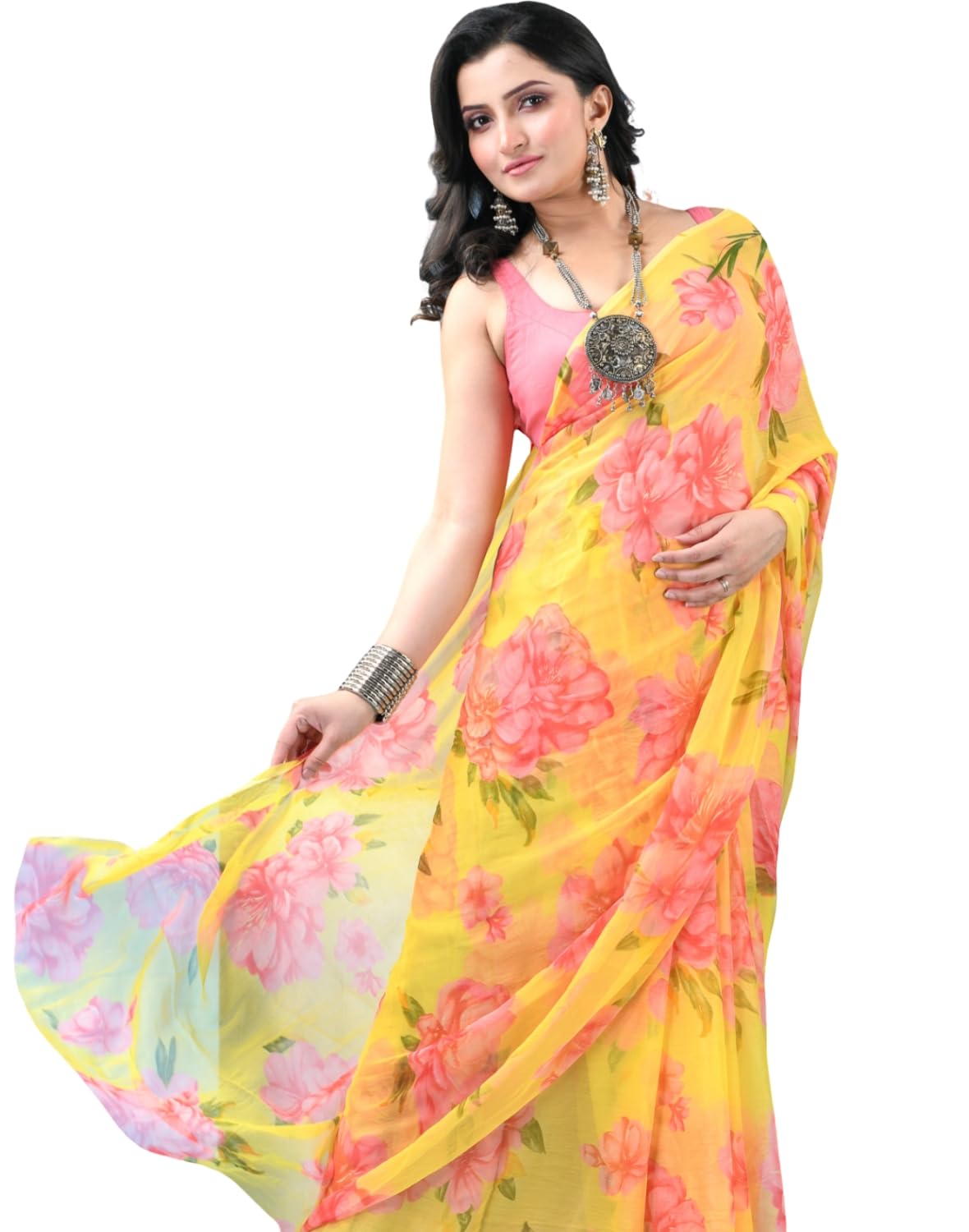 Women`s Latest chiffon Floral Printed design chiffon Saree Batik Party, Wear Sarees silk georgette trendy soft silk saree wedding, Without Blouse For Women-image-19