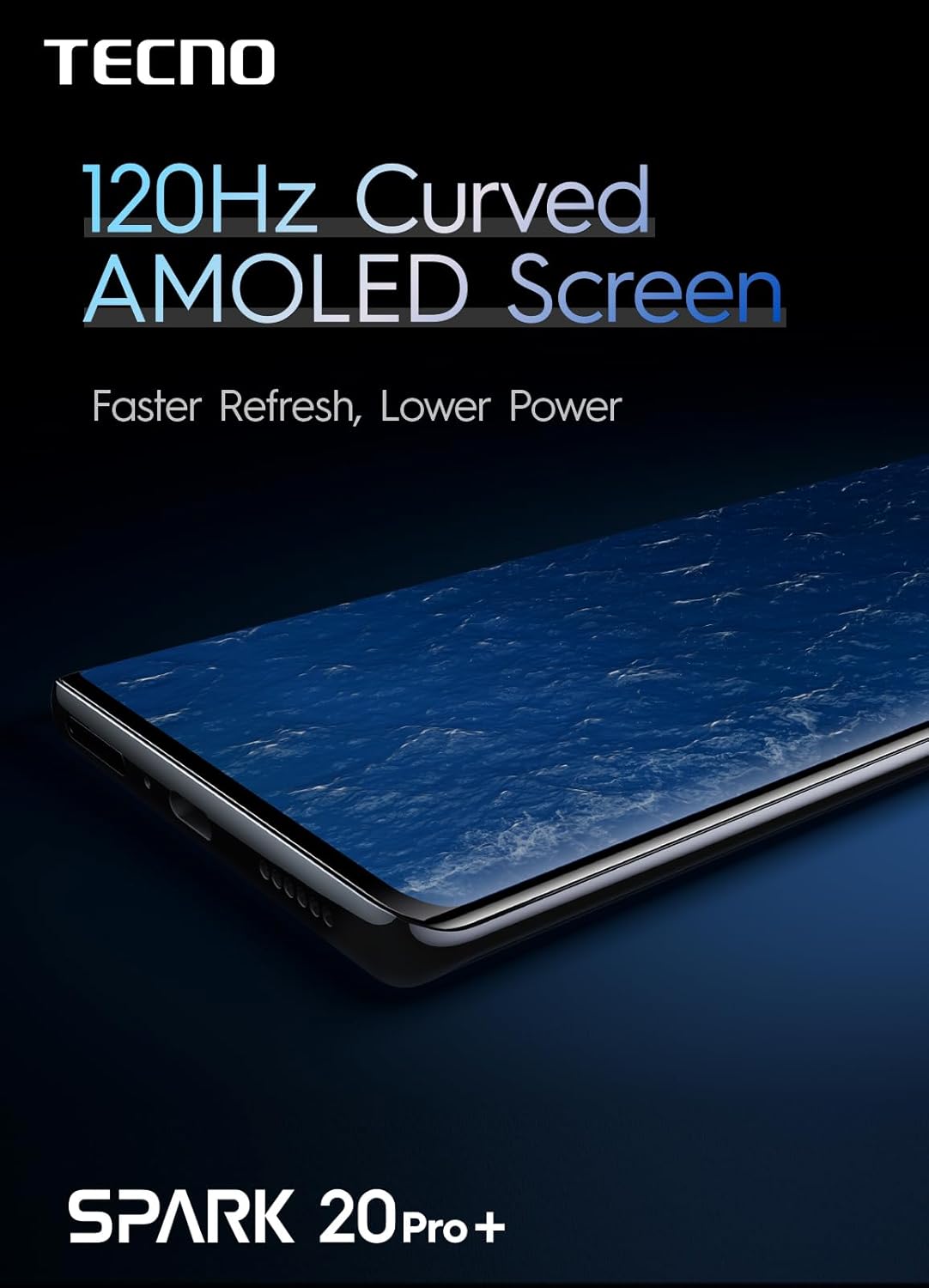 Close-up of the 120Hz Curved AMOLED Screen of the TECNO Spark 20 Pro+, displaying a dynamic image.