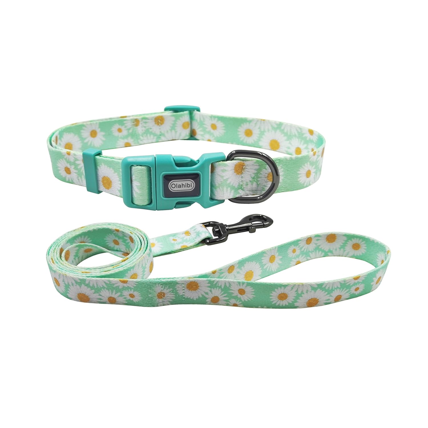 Olahibi Dog Collar Leash Set, Floral Pattern, Polyester Material, Adjustable Collar and 150CM Matching Leash, for Small Dogs.(S,Light Green Daisy)