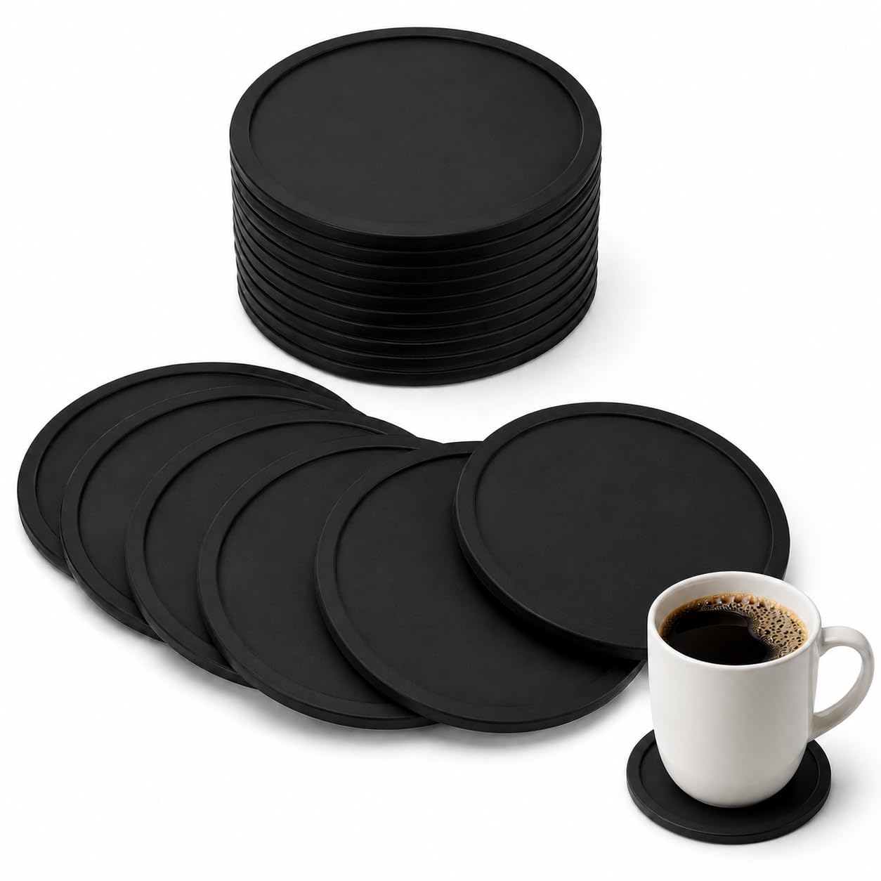 16 Pcs Black Silicone Coasters, 10cm Non-Slip Round Mats for Coffee
