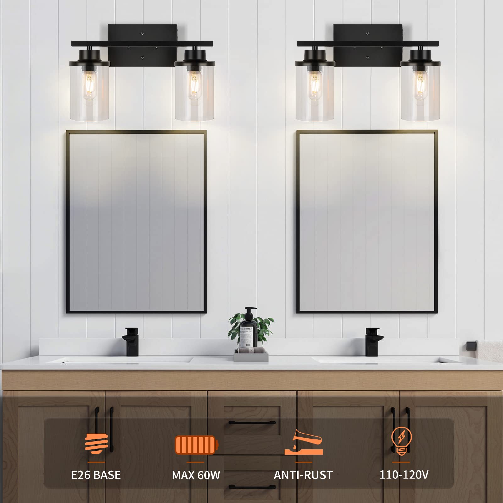 Black Vanity Lights, Bathroom Light Fixtures Over Mirror, Wall Sconces for Bathroom, 2 Light Modern Farmhouse Wall Lamp Lighting with Clear Glass Shade for Living Room Kitchen Bedroom Hallway