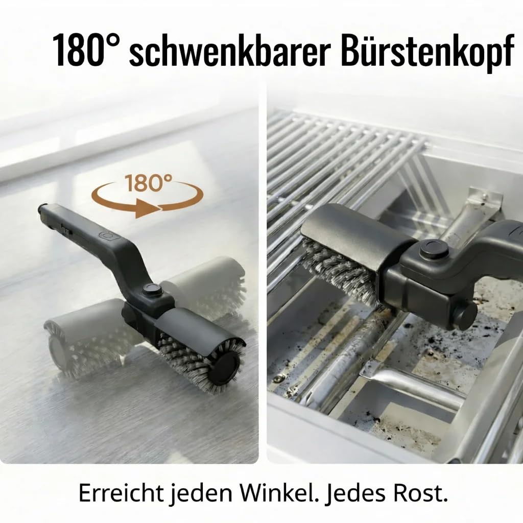 DARAMIN – Grillrost wie neu in Sekunden Kraftvolle kabellose Elektrische Grillrostbürste mit 3 Reinigungsstufen und 180° verstellbarem Bürstenkopf, geeignet für alle Grilltypen, zeitsparend