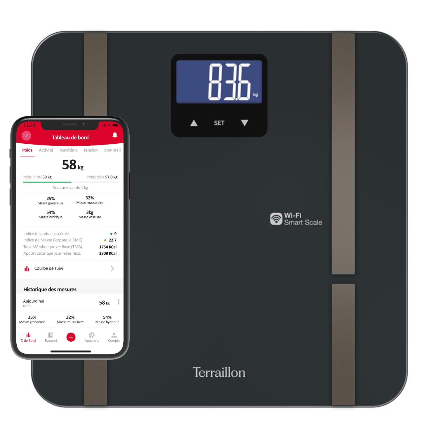 TERRAILLON - MASTER FIT ULTRA Balance connectée Wi-Fi, Fréquence cardiaque, Analyse des masses graisseuse, musculaire, hydrique, osseuse et viscérale, IMC, Apport calorique journalier