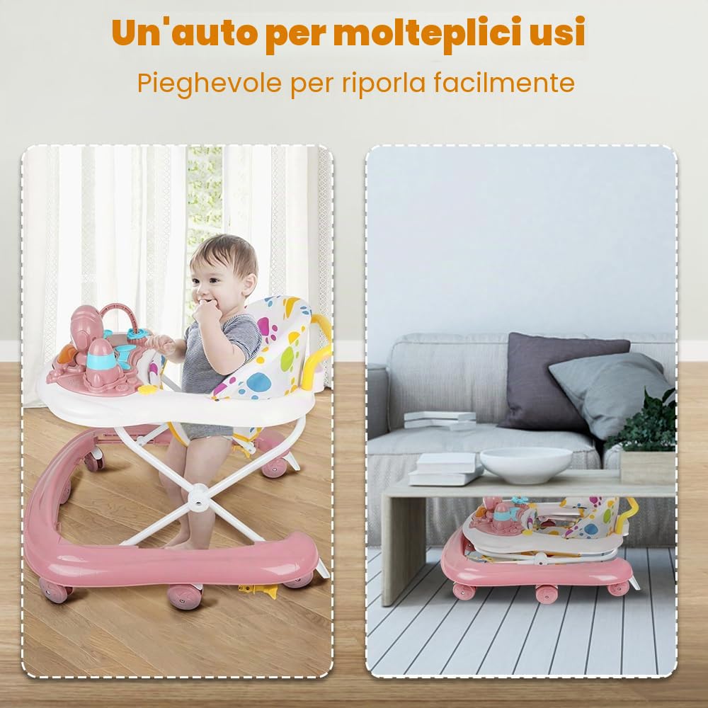 Girello per neonato, ragazza, evolutivo, 2 in 1, girello multifunzionale, un compagno premuroso per l'apprendimento a piedi del vostro bambino, 62 x 68 x 36-81 cm, rosa