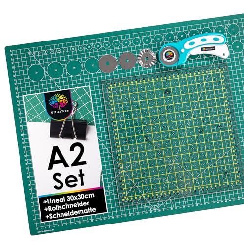 OfficeTree Schneidematte Set A2 60x45 + Rollschneider + Patchwork Lineal 30x30 cm - Schneidematte A2 Selbstheilend - Schneiderlineal Schneiderunterlage und Rollschneider Set - Schneidunterlage nähen