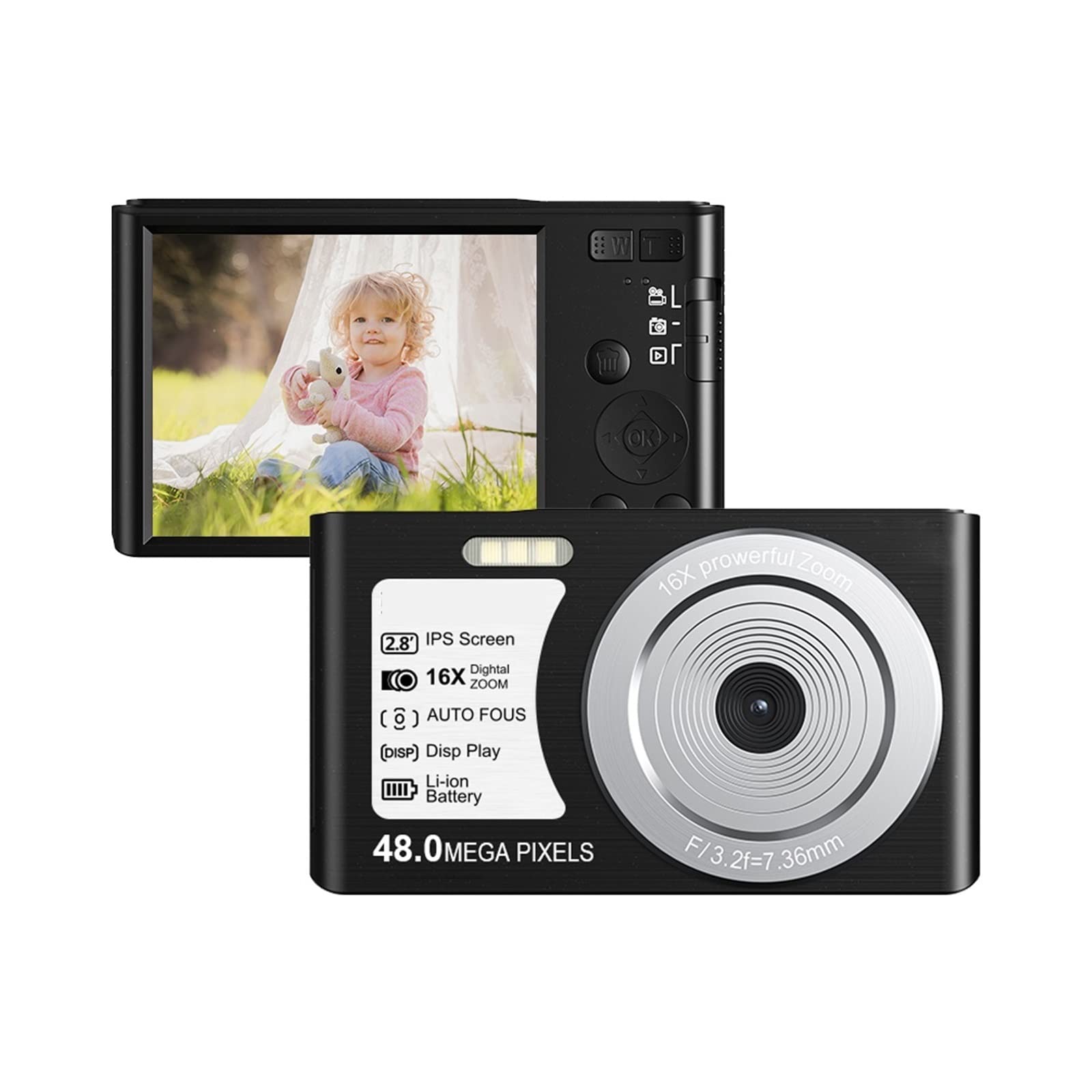 Kamera wideo, Mały aparat cyfrowy 4K 2,8"Ekran IPS 16-krotny zoom Automatyczne ustawianie ostrości Wykrywanie twarzy Samowyzwalacz Vlog Camera 48MP Dla dzieci Fotografia AF(128G TF Card,Nero)