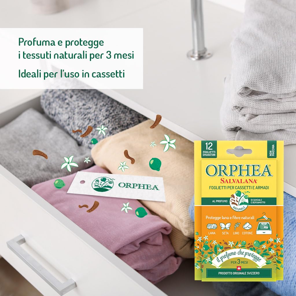 Orphea Salvalana, Foglietti per Cassetti e Armadi, Protegge Lana e Vestiti Tutta la Stagione, Profumo di sandalo e bergamotto, agisce per 12 settimane - 15 Foglietti Emanatori