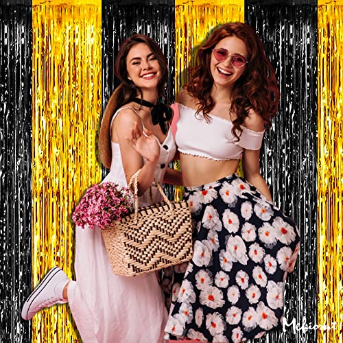 Image of 4 Pack 3.2Ft x 6.6Ft Black and Gold Fringe Curtain Backdrop, Metallic Tinsel Foil Fringe Streamers Curtains Background for Photo Booth Birthday Wedding Graduation Carnival Party Decorations