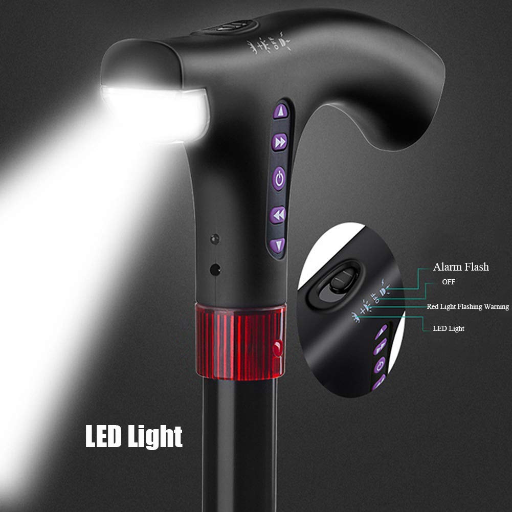 Muleta para Caminar BJH Ajustable con luz LED y Alarma Base Antideslizante para Hombres y Mujeres Bastón para Caminar HGCHH
