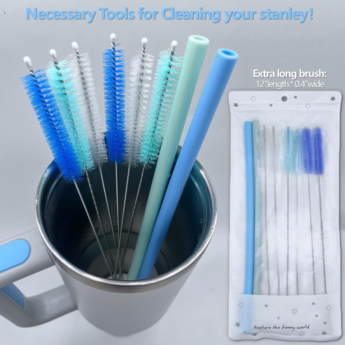 Straw Cleaner Brush Straw Brush for 40 oz Stanley Straw Cleaner Brush Extra Long 12 inch, Nylon Stainless Steel Small Cleaning Brush—Blue&Cyan Series