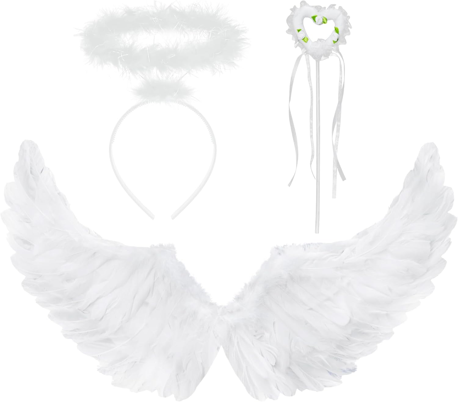 3pc Angel Costume for Women - White Angel Wings, White Angel Halo Headband and Fairy Wand - White Angel Accessories for Christmas Angel Costume for Woman - Angel Halloween Costumes for Women