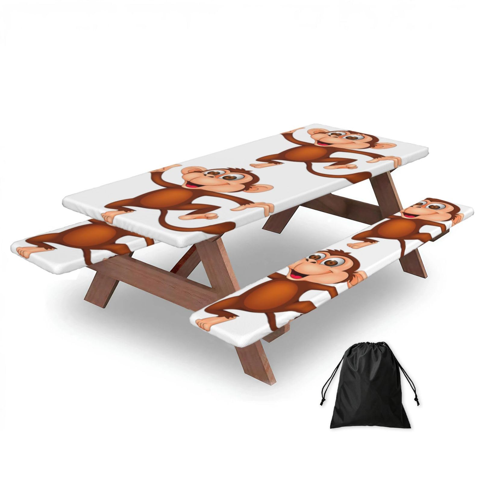 Duwaa Black Monkey Print 183Cm Picnic Table Cover With Bench Covers, Waterproof Elastic Tablecloth Set For Outdoor